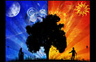 tree silhouette on blue and ornge background
